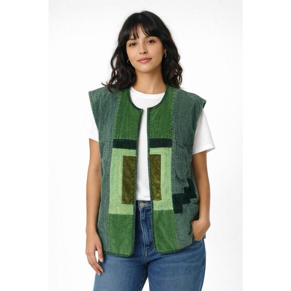 Jackets & Blazers - Vtg Banderas Piera Vest Coat Patchwork L/XL Corduroy Green Quilted Lined